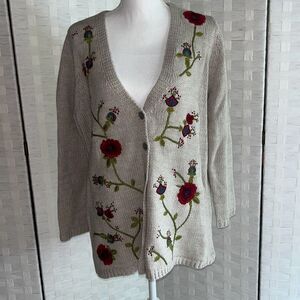 J Jill Cardigan Beige Wool Blend Floral Embroidered Button Up Women’s Large